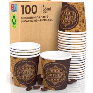 Eurocali 100 Bicchierini in Carta per caffè 65ml PubCUP Bicchieri Ecologici Biodegradabili Monouso Piccoli Asporto Bevande Calde