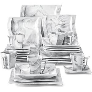 MALACASA Servizio da Piatti in Porcellana Set 30 Pezzi con 6 Piatti Piani, 6 Piatti da Dessert, 6 Piatti Fondi, 6 Tazza da Caffé e 6 Piattini per 6 Persone, Grigio Marmo, Serie FLORA