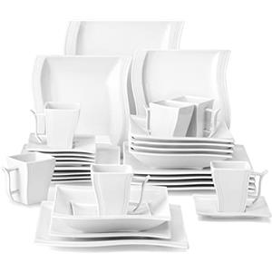 MALACASA, Serie Flora, Servizio da Tavola in Porcellana caffè Set 30 Pezzi con 6 Tazze, 6 Piatti Piani, 6 Piatti, 6 Piatti da Dessert, 6 Piatti Fondi per 6 Persone Bianca Crema