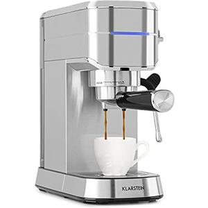 KLARSTEIN Futura - Macchina per Caffè Espresso, per Cappuccino, Macchinetta per Caffé Macinato, 1450W, 20 bar, Qualità Professionale, Sistema Thermo-Block, Doppio Erogatore, Montalatte, Argento