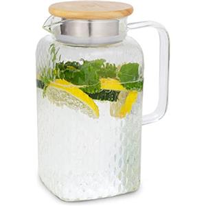 GLASWERK Caraffa - Caraffa per l'acqua con coperchio in bambù di alta qualità, caraffa in resistente vetro borosilicato, con filtro nel beccuccio, vetro, 1,5 l