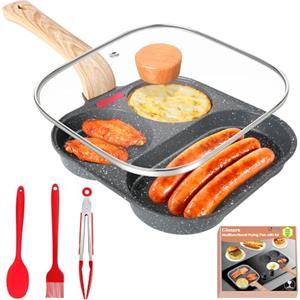 Gimars Padella Antiaderente per Frittata con Coperchio Padella Pancake Multifunzionale a 3 Fori in Alluminio a Gas Induzione per Uova Hamburger Omelette Prosciutto Colazione,con Spatola Pennello Clip