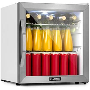 KLARSTEIN Mini Frigo da Camera per Birra, Portatile, Piccolo da Ufficio, con Porta in Vetro, Bar con Ripiani Rimovibili, 3-10°C, 47L