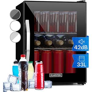 KLARSTEIN Mini Frigo Bar da Camera per Birra, Portatile, Piccolo da Ufficio, con Porta in Vetro, con Ripiani Rimovibili, 0-10°C, 33L