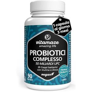 Vitamaze - amazing life Fermenti Lattici Probiotici, 50 miliardi UFC per capsule (3 Mesi) con 20 ceppi batterici con Prebiotici Inulina e Zinco, capsule vegane ed entericizzate, Qualità Europea. Vitamaze®