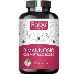 RAIBU D-Mannosio PURO 2100mg, con Mirtillo Rosso I D Mannosio per Cistite I 160 Capsule I Vegan e Senza Additivi, Testato in laboratori I Integratore per Benessere e Supporto Vie Urinarie I Raibu