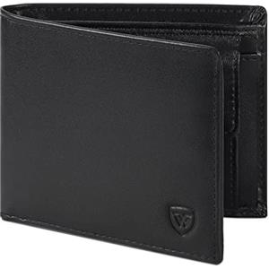 WONSEFOO Portafoglio Uomo Vera Pelle Blocco RFID, Piccolo con 9 scomparti per carte di credito, 1 portamonete, 1 Finestra ID, 1 portachiavi, Set Regalo - Nero (Minimalista)