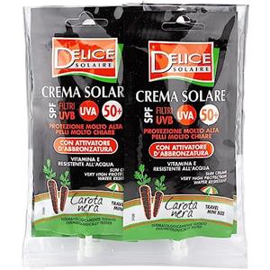 Delice Solaire Crema Solare Mini Size, Protezione Molto Alta SPF50+, con Attivatore d'Abbronzatura Carota Nera, Resistente all'Acqua, Dermatologicamente Testato - 6 Bustine x 50ML