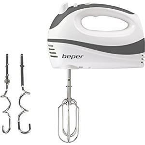 BEPER P102SBA100 Sbattitore elettrico, Mescolatore per montare le uova, Impastare e Mescolare creme e dolci, 2 Fruste 2 Ganci impastatori inclusi, 300 watt, Bianco/Grigio