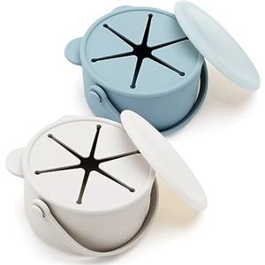 Orzbow Tazza per Spuntino Bambini,2 Contenitore Porta Snack in Silicone per Senza Fuoriuscita,Resistente Alla Polvere,Senza BPA,con Coperchio e Manico Stabili,Lavabile in Lavastoviglie,Blu/Beige