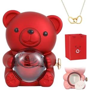 Eunmsi Collana con Cuore Inciso con Scatola Regalo Orso Rosa Vera, Regali Orso Abbraccio Rosa Conservata per Donne, Set Regali Rosa Conservata, Scatola Portagioie Orso Ribaltabile Fiori Rosa Eterna
