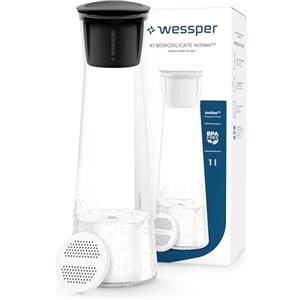 Wessper K1 BOROSCILICATE Actitex 1L Bottiglia Filtrante per acqua In vetro borosilicato, 1 Filtri Fast Disk Inclusi riduce il cloro nell'acqua, Acqua Filtrata Istantaneamente, Nero