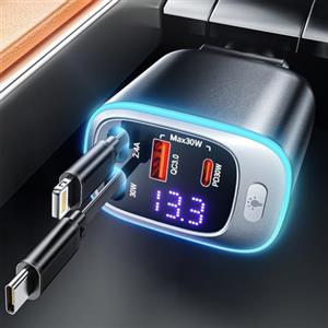 Rolgno Retrattile Caricatore Auto, [4 Porte Ricarica Rapida] 72W Presa Accendisigari USB C Auto, PD30W & QC3.0 Carica Batteria per Auto Cellulare, [Cavi Doppia da 65cm] USB Auto per iPhone/Galaxy/iPad