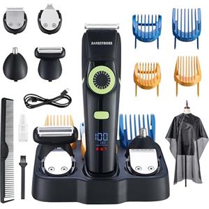 BARBERBOSS Tagliacapelli da uomo BarberBoss, kit per la cura di barba, orecchie e naso, quadrante di precisione, lama in ceramica, 4 pettini, impermeabile, display a LED e chiusura da viaggio, QR-6085