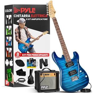 Pyle Chitarra Elettrica a Grandezza Naturale con Pickup Humbucker, Kit per Principianti con Amplificatore, Custodia, Tracolla, Accordatore, Plettro e Tremolo, Ideale per Casa, Lezioni, Sala Prove, Blu