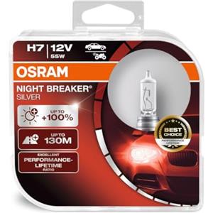OSRAM NIGHT BREAKER SILVER H7, 100% di luce, lampada da proiettore alogena, 64210NBS-HCB, 12V, auto, duo box (2 lampade)
