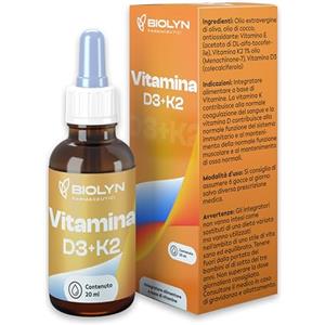 BIOLYN FARMACEUTICI Vitamina D3 K2 20 ml in Gocce, Olio Extra Vergine di Oliva EVO e Olio di Cocco, Vitamine D Colecalciferolo 1000 UI per Goccia + Vit K MK-7 Menachinone Kappa 99,7% 100 mcg per Goccia