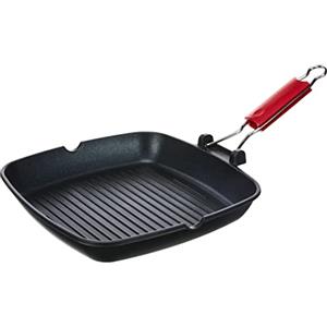 Lagostina Linea Rossa Grill Bistecchiera Antiaderente Quadrata in Alluminio, 28 x 28 cm, per Induzione, Gas e Forno, Manico Pieghevole, Bordo a Versare, Fondo a Rilievo