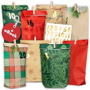 AMARI ® Calendario dell'Avvento da riempire n. 19 Christmas Morning - 24 sacchetti di carta dell'Avvento (con clip di legno) per il fai da te per Natale - sacchetti di carta di Natale