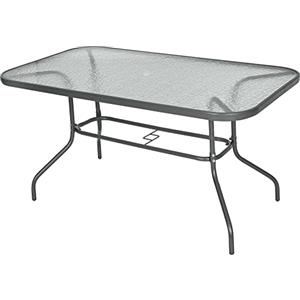 Outsunny Tavolo da Giardino con Foro per Ombrellone, Arredamento da Esterno in Metallo e Vetro 140x80x70cm Grigio