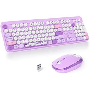 SOLIDEE Combo Tastiera e Mouse Wireless,tastiera macchina da scrivere retro,Tastiera per Computer con Tasti Rotondi 2.4GHz con Tastierino Numerico,Tastiera a 104 Tasti(Americana QWERTY)(Bear Purple)