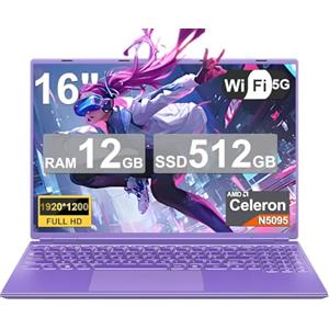 NOTODD PC Portatile 16 Pollici Computer Portatile Win11 12GB 512GB 1TB SSD Espansione N5095 fino a 2.9Ghz, Notebook Laptop Ventola di Raffreddamento 5GWIFI 2K FHD Mini HDMl Membrana Tastiera Italiana-Viola