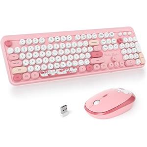 SOLIDEE Combo Tastiera e Mouse Wireless,tastiera macchina da scrivere retro,Tastiera per Computer con Tasti Rotondi 2.4GHz con Tastierino Numerico,Tastiera a 104 Tasti(Americana QWERTY)(Bear Pink)