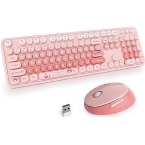 SOLIDEE Combo Tastiera e Mouse Wireless,104 Tasti tastiera macchina da scrivere retro,Tastiera per Computer con Tasti Rotondi a 2.4GHz con Tastierino Numerico(Americana QWERTY)(Diary Pink)