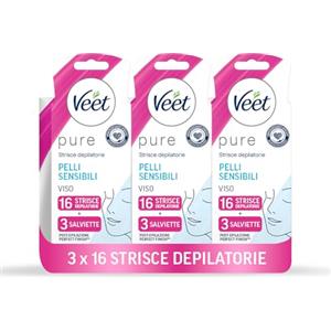 Veet Pure Strisce Depilatorie Viso Ipoallergeniche, Ceretta Baffetti e Viso, Dermatologicamente Testate, 48 strisce (3 confezioni da 16)