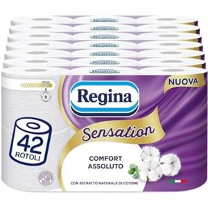 Regina Sensation - 42 Rotoli di Carta Igienica, 160 Soffici Strappi a 3 Veli, Morbida e Resistente, Con Estratto Naturale di Cotone, 60% Plastica Riciclata