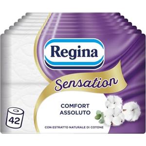 Regina Sensation - 42 Rotoli di Carta Igienica, 160 Soffici Strappi a 3 Veli, Morbida e Resistente, Con Estratto Naturale di Cotone, 60% Plastica Riciclata