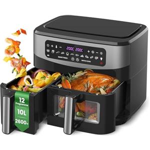 Gidgimo Friggitrice ad Aria Doppio Cestello, 10L(4Lx6L) XXL, 12 Programmi, Timer, Friggitrice Aria Calda da 2600W per Pollo Intero, Sana Preparazione a Basso Contenuto di Olio - Dual Zone Pro