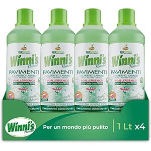 Winni's - Detersivo Pavimenti e Superfici Ipoallergenico, 160 Lavaggi, Formula Concentrata ad Azione Igienizzante, Senza Risciacquo, con Materie Prime di Origine Vegetale, 1000 ml x 4 Confezioni