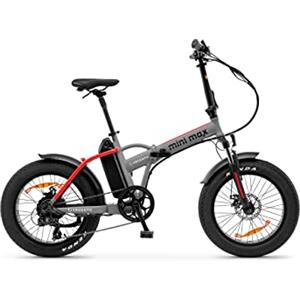 Argento Mini Max, Bici Elettrica, Pieghevole , Ruote Fat 20x 4, Freni a Disco Meccanico, Motore 250W, Peso Max Supportato 100 kg, Batteria Samsung 375Wh, 26 kg, Grigio Mat/Rosso
