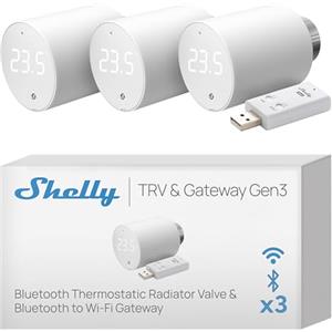 Shelly Blu TRV e Shelly Blu Gateway Gen3, Termostato intelligente per radiatori, Controllo preciso della temperatura, Batterie di lunga durata, Gateway da Bluetooth a Wi-FI incluso (3 pezzi)