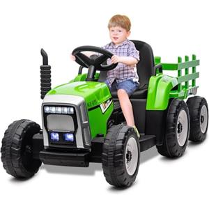 HAUSPROFI Trattore Elettrico per Bambini con Rimorchio Rimovibile, Macchina Elettrica per Bambini, Batteria 12V Ricaricabile con Telecomando, Musica e Luci, Età 3-8 Anni, Verde