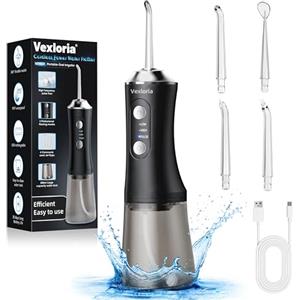 Vexloria Idropulsore Dentale Portatile, 300ML Irrigatore Orale Senza Fili, Water Flosser 3 Modalità E 4 Ugelli, IPX7 Impermeabile Irrigatore Idropulsore Pulizia Denti Ideale per Viaggi a Casa Nero