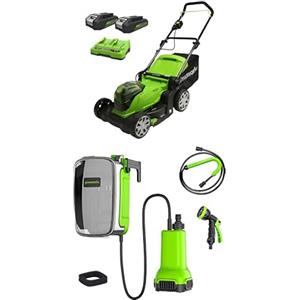 Greenworks 2X24V Tagliaerba, Ampiezza di Taglio 41cm, 2X24V 2Ah Batterie e Caricabatterie + Greenworks G24SWP Elettropompa a Immersione, SENZA Batteria 24V e Caricabatterie, Garanzia 3 Anni