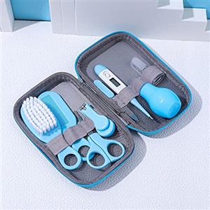 Yezelend Set per la cura del bambino, 8 pezzi, accessori per la cura del bambino, con termometro, aspiratore nasale, pipetta, alimentatore, per la cura dei capelli, blu