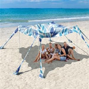 Rhino Valley 3x3m Tenda da Spiaggia Ultra Stabile Portatile, Protezione UV UPF50+ Tenda da Mare Super Antivento con 8 Ancoraggi a Sabbia Riempibili e 4 Aste in Alluminio, Foglia Bianca Blu