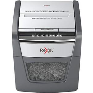 Rexel Optimum AutoFeed+ 45X Distruggidocumenti automatico CH, 45 fogli, livello di sicurezza P4, taglio a particelle, per casa/ufficio domestico, contenitore per rifiuti da 20 litri, con spina di