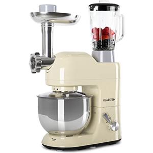 Klarstein Lucia Morena - Robot da Cucina, Impastatrice, Planetaria con Tritacarne, 2000 W, 5 L, Mixer con Sistema Planetario, Ganci per Pasta, Shaker da 1,5 L, Velocità Regolabile, Crema