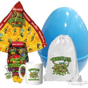 irpot Set Uovo di Pasqua a scelta con guscio apribile e gadget uovo di cioccolato con tazza in ceramica portachiavi e sacca (Tartarughe Ninja)