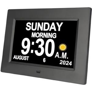 Yuanzeco Sveglia con giorno e data per anziani, 3 display, calendario digitale da 7 pollici, cornice per foto, display dimmerabile automatico, 15 opzioni di sveglia, orologio con giorno e mese non