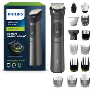 PHILIPS Rifinitore All-in-One Philips serie 7000, Multigroom 15 in 1 per viso, testa e corpo, 26 impostazioni di lunghezza (0,5-20 mm). Un unico strumento, massima precisione (modello MG7950/15)