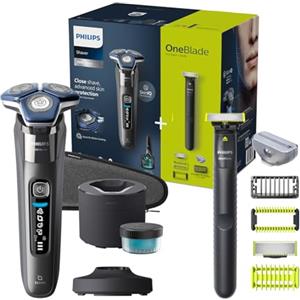 Philips Shaver Series 7000 - Rasoio elettrico Wet & Dry con tecnologia SkinIQ cromato scuro con rifinitore a scomparsa, Quick Clean Pod e cartuccia, OneBlade Philips (modelli S7887/78 e QI1864/20)