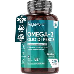 WeightWorld Omega 3 Olio di Pesce 2000mg Alto Dosaggio, 660mg EPA e 440mg DHA, Vista, Cuore, Cervello, 240 Olio di Pesce Omega3 Softgel (Scorta per 4 Mesi) Integratore Fish Oil e Acidi Grassi Essenziali EPA DHA