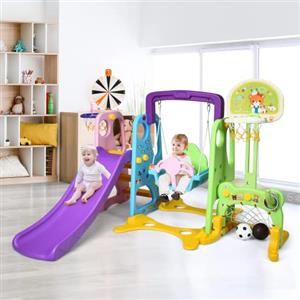 GYMAX Set Scivolo 6 in 1 per Bambini, Scivolo Grande, Altalena, Canestro, Calcio, Cerchi e Tavolo, Parco Divertimenti per Casa e Giardino, 209x174x126 cm