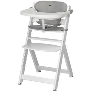 Bebeconfort Timba + Cuscino, Seggiolone Pappa in Legno, 6 mesi-10 anni, 30 kg, con Vassoio, Seduta/Poggiapiedi Regolabili, Compatibile con Sdraietta Timba Baby, White + Gray Mist