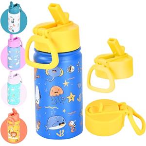 Hydrate Bottles - Borraccia per bambini in acciaio inox, 400 ml, motivo mare con coperchio giallo, utilizzabile con una sola mano, per bambini, adatta per la scuola e lo sport